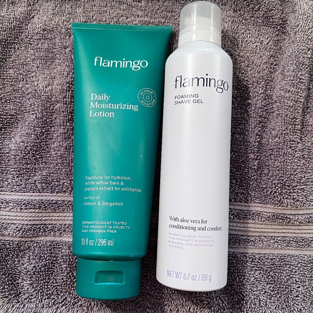 Flamingo Foaming Shave Gel and Lotion, opened unused and used.